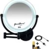 Metalen Verlichte Wand Knik Arm Make-up LED Spiegel Mat Zwart, Dubbelzijdig Verlicht, 10x Vergroting 22cm Doorsnee, Inculsief 4x AA Batterijen En Stroomkabel(USB) Badkamer Spiegel