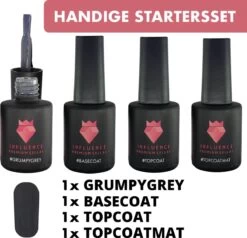 #GRUMPYGREYSERIE - Influence Gellac - Grijze Gellak - Gellak Grijs UV - UV Gellak - Gel Nagellak - Basecoat - Topcoat - Topcoatmat - No Wipe - Startersset - Kado Vrouw - Valentijns Cadeau - Kado Voor Haar - 4 X 10 Ml