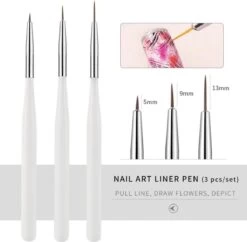 Merkloos Nail Art 3 Witte Penselen - Kwast - Eyelinerkwast - Liner - Brush - Fineliner - Totaal 3 Kwasten