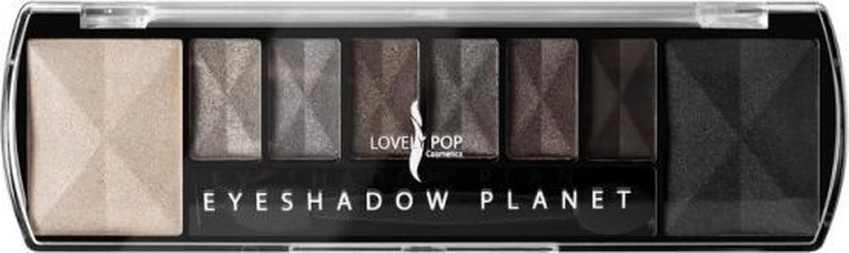 Lovely Pop Cosmetics - Oogschaduw Palette - Planet Mercury - Met Lange Applicator - 8 Kleuren: Wit / Grijs / Zilver / Antraciet / Mat Zwart / Zwart - 1 Doosje Met 9 Gram Inhoud - Afmeting Doosje: 14,7 X 4,4 Centimeter